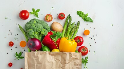 Delivery healthy food background. Vegan vegetarian food in paper bag vegetables and fruits on white,