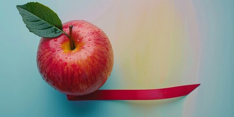 Red Apple With Green Leaf on Red Ribbon healthy food concept flat-lay. Generative AI