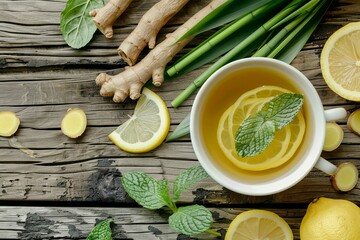Cup of green tea with ginger mint and lemon on wooden table with leaves, root, bamboo canes on...