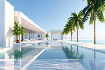A sleek modern building with a swimming pool and palm trees by the azure ocean, providing a luxurious leisure experience in a beachfront condominium