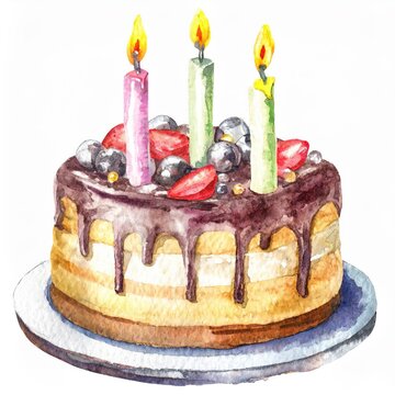 Watercolor Painting of a Birthday Cake with Lit Candles