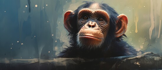 A Common chimpanzee with fur and a snout is gazing out of a window at the camera, portraying a terrestrial animal in a zoo wildlife setting - obrazy, fototapety, plakaty