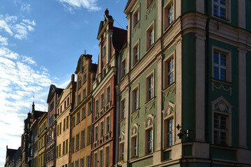 Colorful tenement houses in Wroclaw, Poland. Tenements facades at the Old Town of Wroclaw