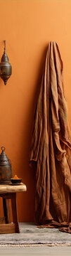 Earthy colored still life with hanging cloth and middle eastern lantern