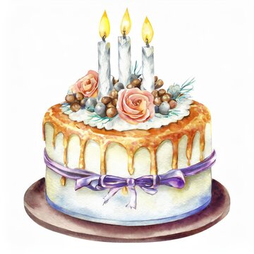 Hand-painted Watercolor Birthday Cake with Candles and Flowers