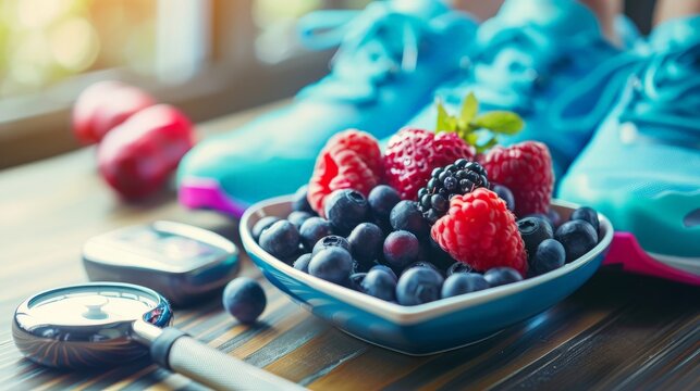 Healthy lifestyle concept, clean food good health dietary in heart dish with sporty aerobic body exercise workout training class