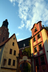 Wroclaw, Poland. Hansel and Gretel - two medieval tenement houses at the north-west corner of the Wrocław market square, connected by an arcade. Archway is symbolic of a couple holding hands