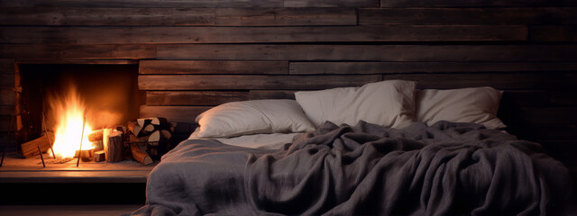 A cozy bedroom with a fireplace and a soft bed covered with a gray blanket. - obrazy, fototapety, plakaty