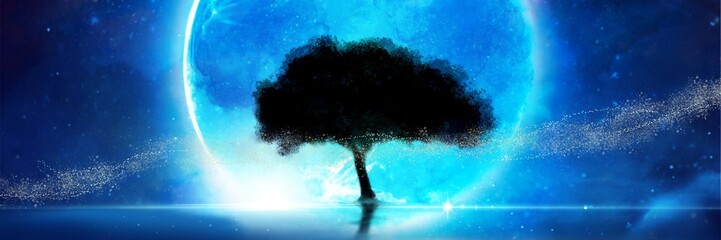 水面に浮かぶ大きな青い満月に照らされた大樹の影のシルエットのファンタジー背景ワイドサイズイラスト