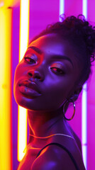 close-up, African-American girl, beauty model with black shiny skin, neon lighting with lamps, bright pink, orange colors,