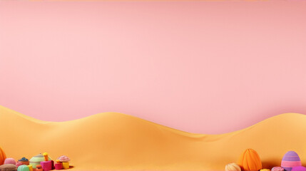 3D render of a pink and yellow cartoon desert landscape with pastel toys.