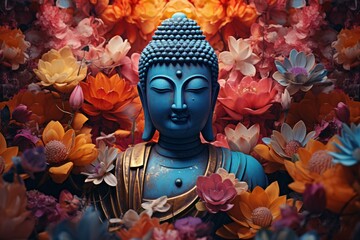 a blue statue surrounded by colorful flowers - obrazy, fototapety, plakaty