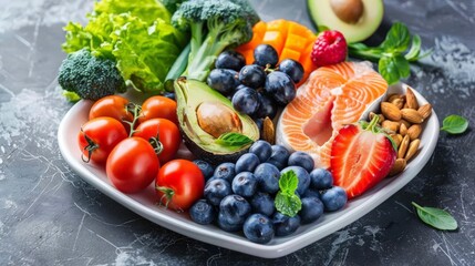 Nutritional food for heart health wellness by cholesterol diet and healthy nutrition eating with clean fruits and vegetables in heart dish