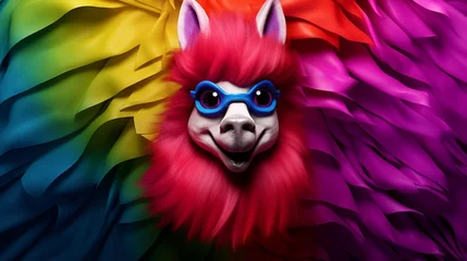 Türaufkleber Happy little llama rainbow scarf soft light ultra HD hyperrealistic closeup detailed fur texture © PTC_KICKCAT