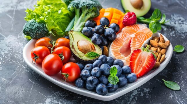 Nutritional food for heart health wellness by cholesterol diet and healthy nutrition eating with clean fruits and vegetables in heart dish