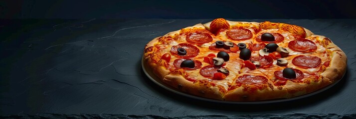 Tasty pepperoni pizza with mushrooms and olives on dark background with copy space for text. Banner.