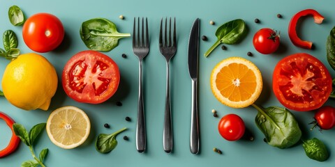 Abundant Display of Various Fruits and Vegetables on Table healthy food concept flat-lay. Generative AI - obrazy, fototapety, plakaty