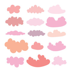 Big set with different pink clouds on white background. Vector 