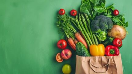 Shopping or delivery healthy food background. Healthy vegan vegetarian food in paper bag vegetables and fruits on green, - obrazy, fototapety, plakaty