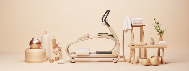 3D rendering of a home gym with an elliptical machine, yoga mat, weights, and other exercise equipment in a beige and cream color scheme.