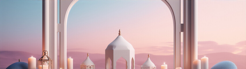 3D rendering of a pink and blue pastel colored middle eastern style building with lanterns and candles. - obrazy, fototapety, plakaty