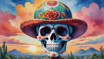 Crédence de cuisine en verre imprimé Crâne aquarelle Watercolor Illustration Of Mexican Skull For Cinco De Mayo