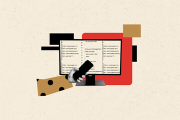 Creative abstract template collage of hand hold device computer monitor coding program app...
