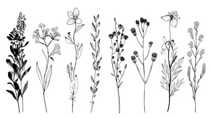 Floral elements set, wild herbs and berries. Monochrome botanical illustration. Hand drawn isolated plants