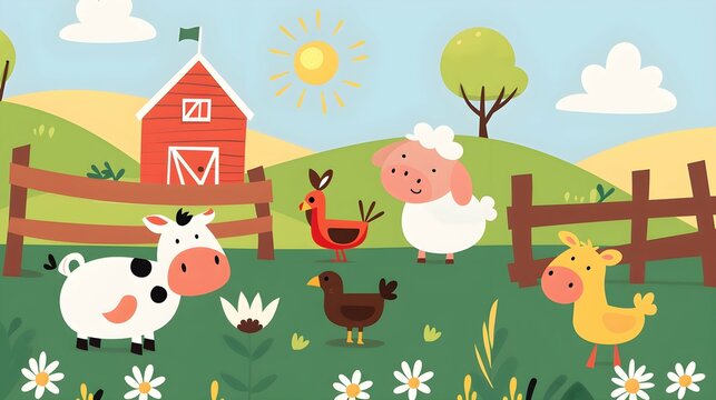 flat vector illustration of cute farm animals 