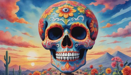 Papier Peint photo autocollant Crâne aquarelle Watercolor Illustration Of Mexican Skull For Cinco De Mayo