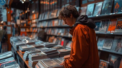 Tuinposter Muziekwinkel Young teenager boy in a red coat chooses vinyl records in music store.