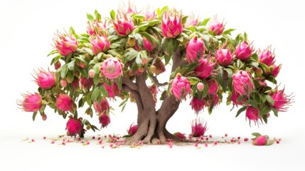 A view of the dragon fruit tree with beautiful fruits and flowers.