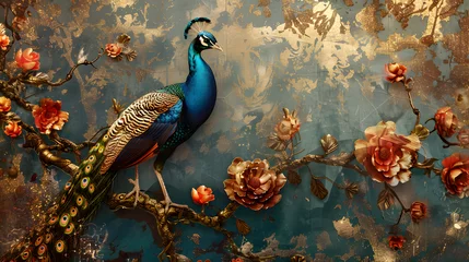  Elegant Artistry: A Vibrant Vintage Illustration Featuring Abstract Floral Elements, Peacocks, and Gold Accents - Perfect for Wallpapers, Posters, Cards, and Murals © Tharshan