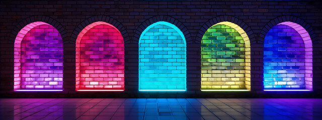 Abstract colorful arched niches in brick wall illuminated with bright neon lights - obrazy, fototapety, plakaty