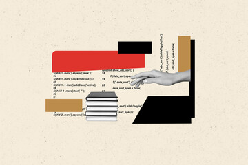 Creative trend collage of hand take education read book pile programmer coding studying billboard comics zine minimal