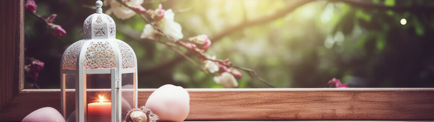 Still life with a lantern, candle and decorative eggs on a wooden table against blurred background of a blossoming tree - obrazy, fototapety, plakaty