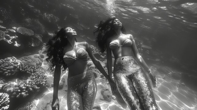 Underwater photo of two beautiful african american women in swimsuits swimming in the sea.