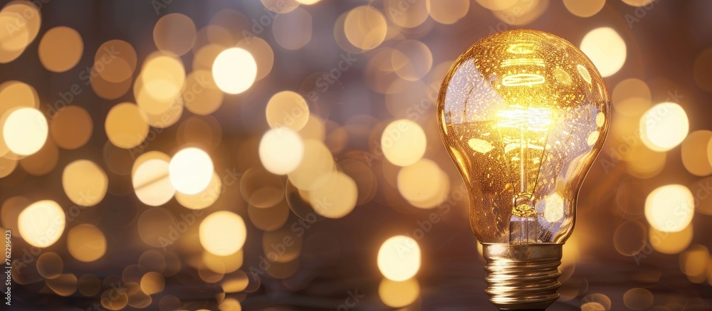 Poster a glowing amber light bulb illuminates in front of a blurred city lights background, creating a beau