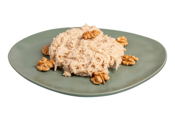 Circassian chicken dish. Appetizer dishes. Salad with flour, walnuts and chicken isolated on white background. local name çerkez tavuğu