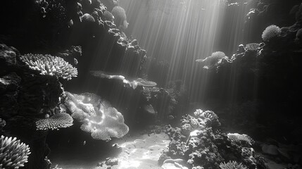 Fototapeta premium Underwater view of a tropical coral reef. Black and white.