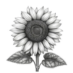 sunflower black and white line drawing isolated on transparent background