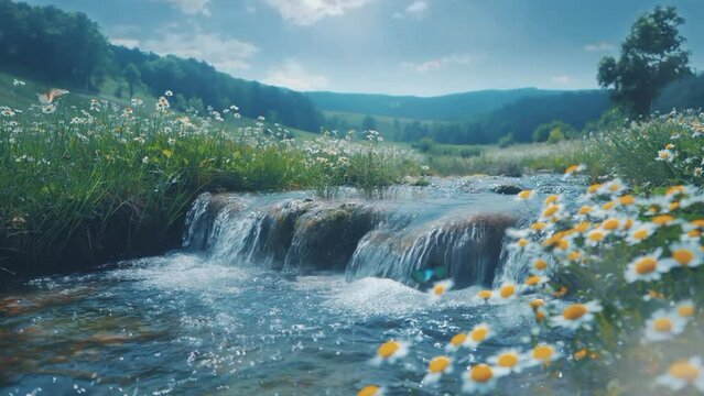 Enchanting Floral Oasis, Clear River Water with Blooming Flowers. Seamless looping 4k time-lapse virtual video animation background