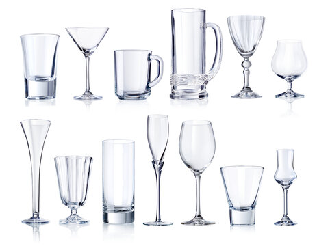 various empty drinking glasses