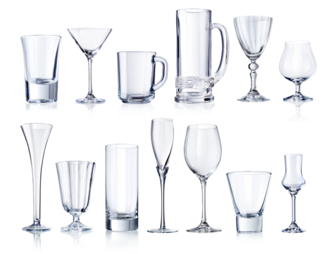 various empty drinking glasses