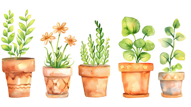 Whimsical Watercolor Haven: A Cute Boho Flower Pot Collection Illustrated in a Dreamy Painting Style Set Against a White Backdrop