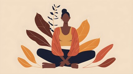 illustration of calm minimalist anonymous woman sitting with crossed legs near bright leaves against beige background