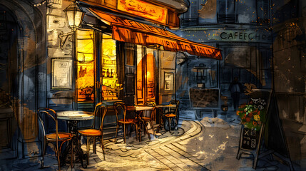 Naklejka premium Sketch of a Charming European Street Caf�: A Pencil Drawing Capturing the Essence of a Cozy Gathering Place