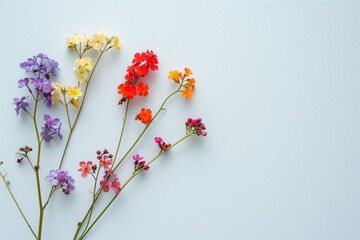 Colorful beautiful flowers in minimalist copy space pastel blue background, abstract flower wallpaper concept, Beautiful flowers with empty space for text, Set of colorful flowers on clean background