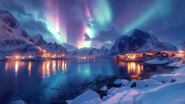 Northern lights over Reine village, Lofoten islands, Norway. Aurora borealis.