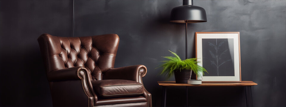 Retro styled worn brown leather armchair with dark green plant and frame on a wooden table by a dark wall